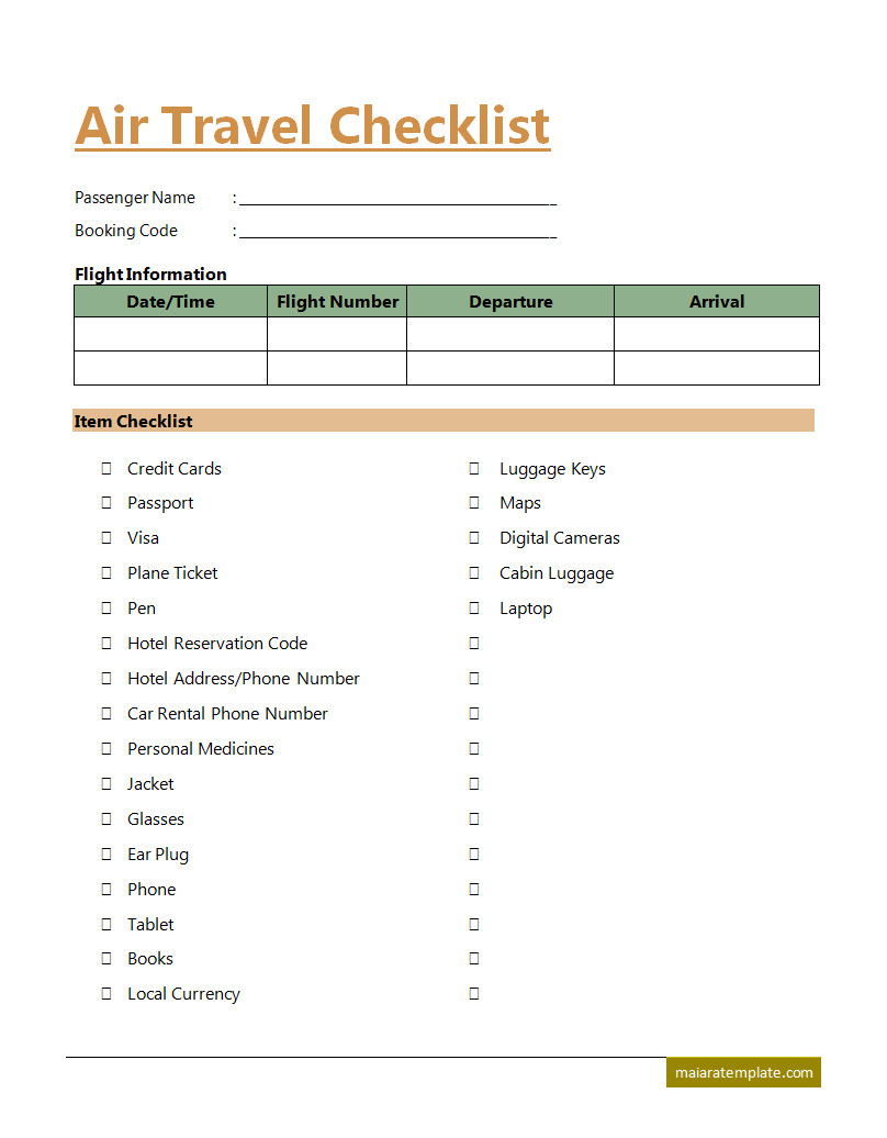 Air Travel Checklist Template with Sections for Packing, Travel Documents, and Itinerary