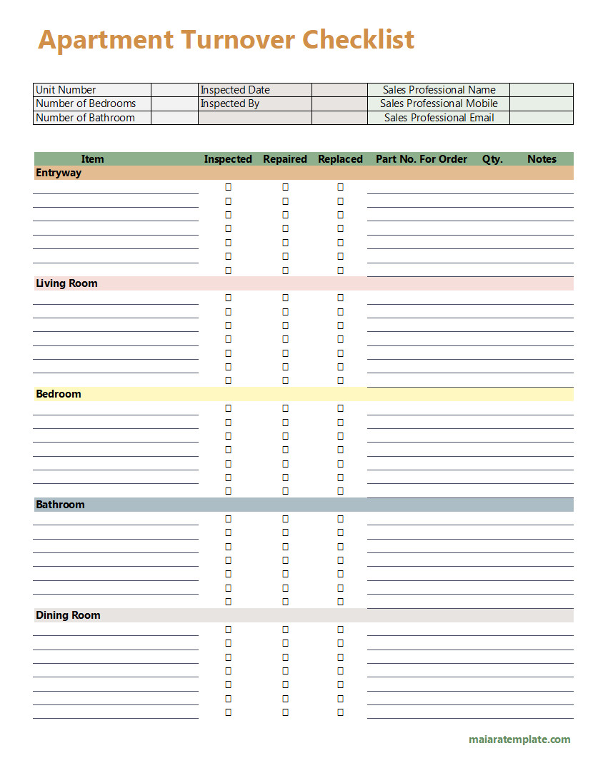 Apartment Turnover Checklist Template with Sections for Cleaning, Repairs, and Inspections