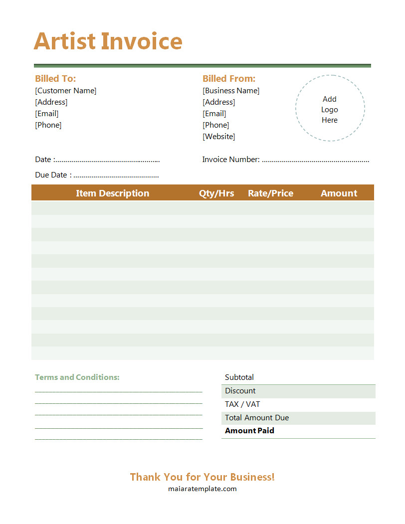 Professional artist invoice template featuring sections for client information, artwork details, service description, and total amount due.