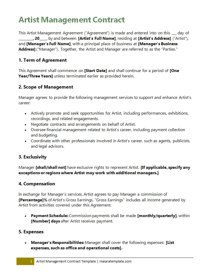 Printable artist management agreement template designed for musicians, visual artists, or performers, including terms for brand partnerships and financial arrangements.