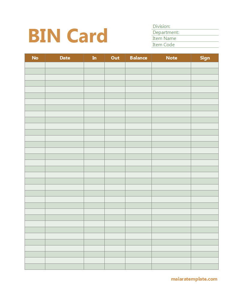 BIN card template featuring sections for item description, quantity, and stock levels, designed for inventory management.