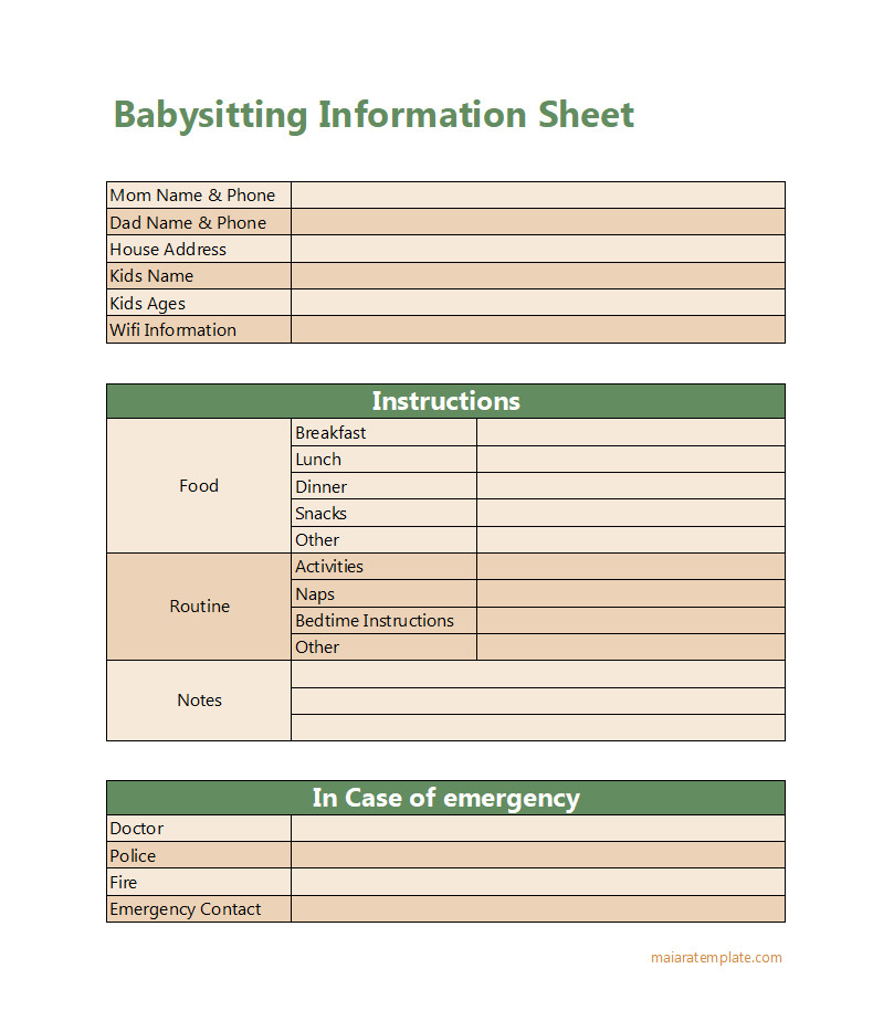 Editable babysitter information sheet template to document important child care details.