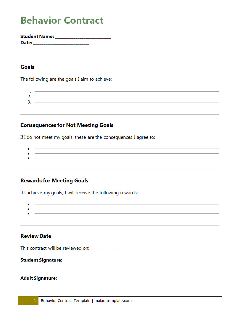 Behavior contract template with sections for outlining expected behavior, consequences for violations, and signatures to establish clear guidelines for conduct.