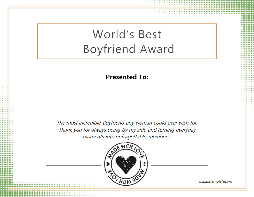 Printable Best Boyfriend Award Certificate Template