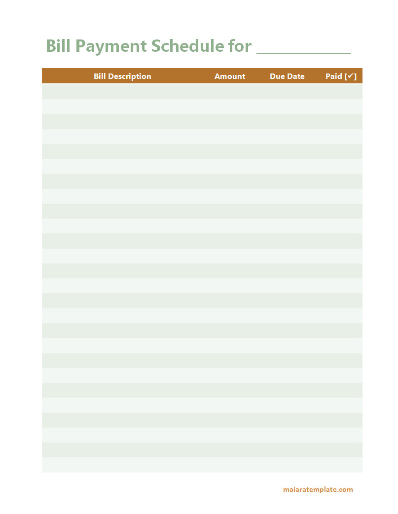 Bill Payment Schedule Template with Sections for Due Dates, Bill Descriptions, and Payment Amounts