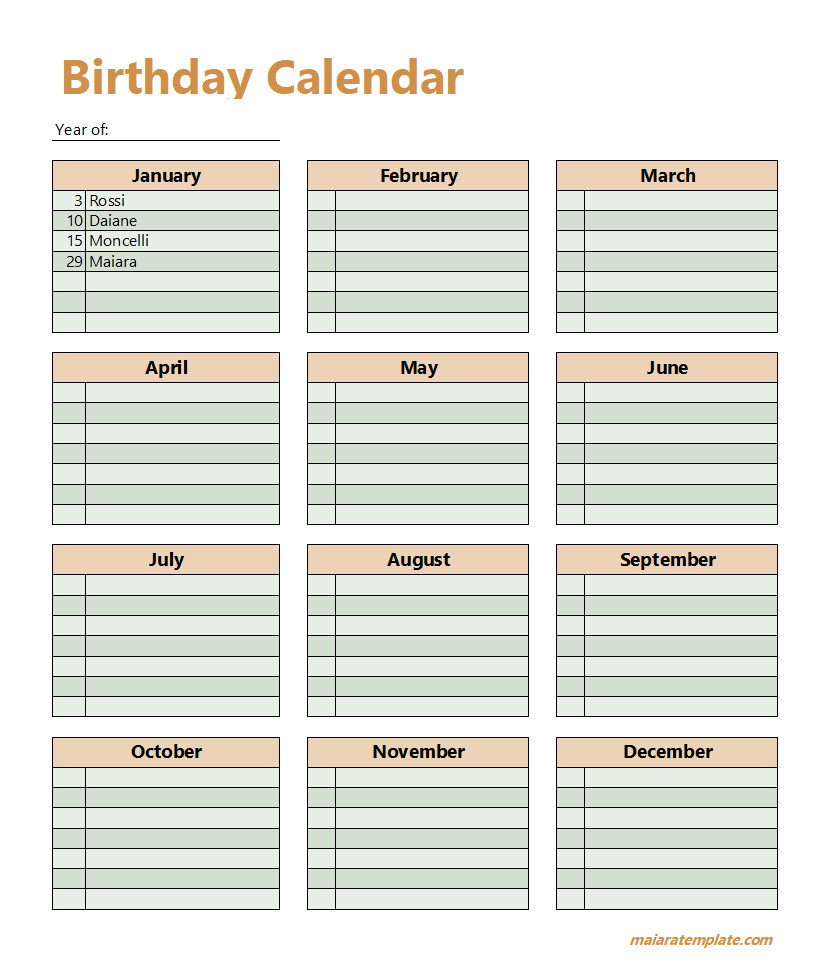 Simple birthday calendar template designed to track birthdays throughout the year, organized by month.