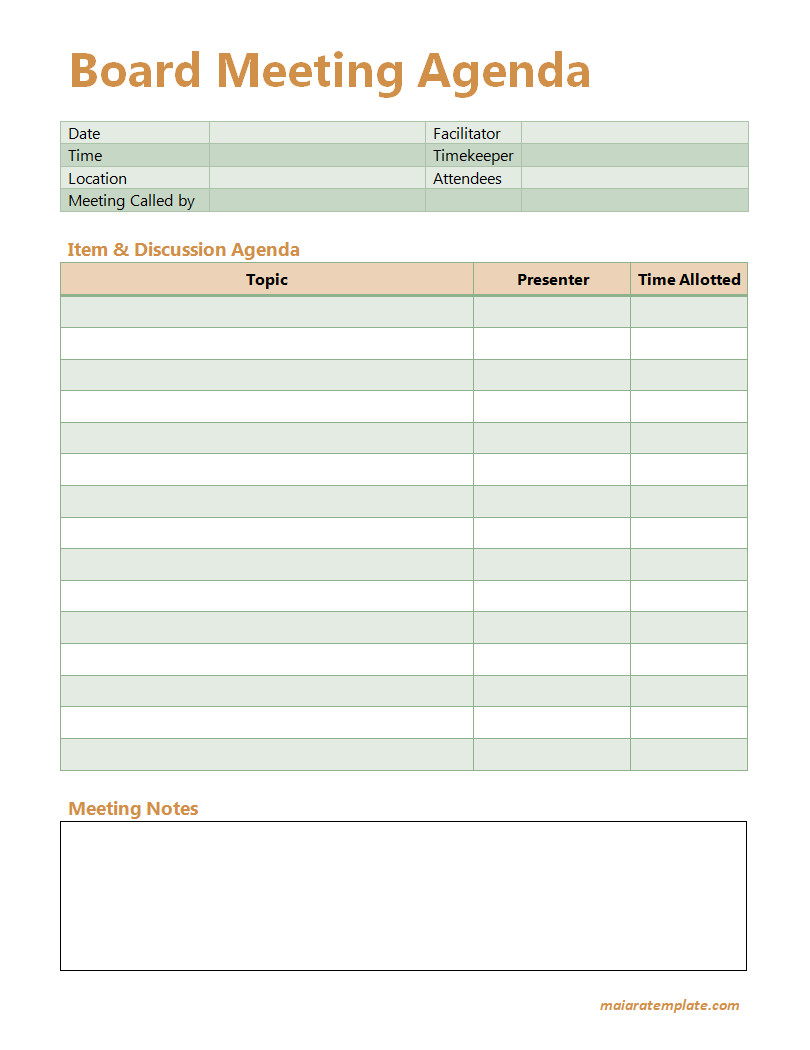 Formal Board Meeting Agenda Template Featuring Time Slots for Each Agenda Item and Presenter