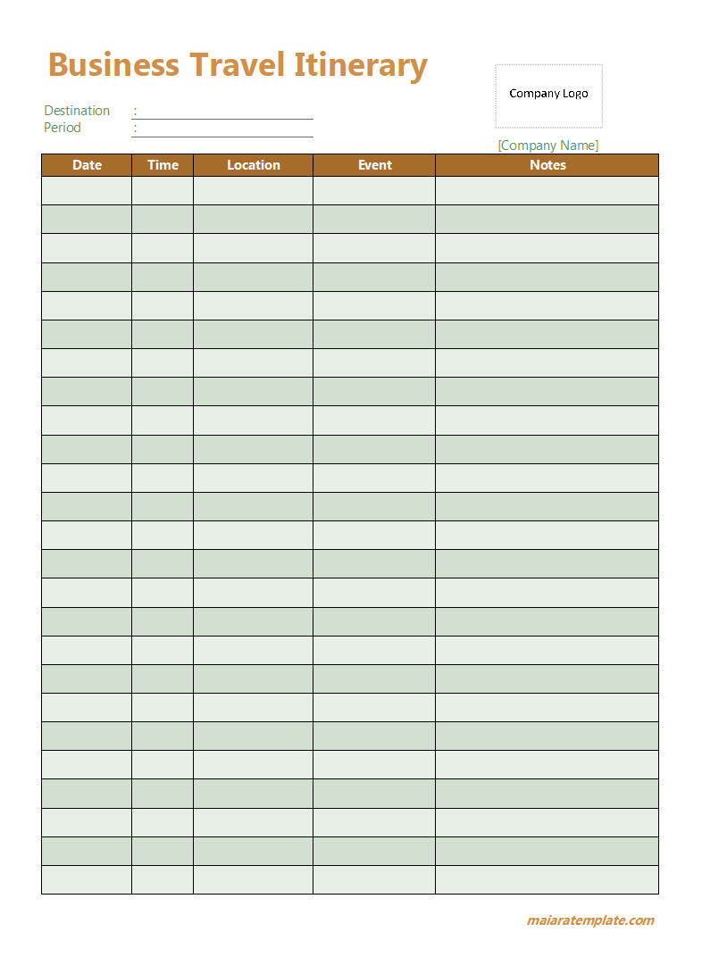 Business travel itinerary template featuring sections for flight details, accommodation information, and meeting schedules.