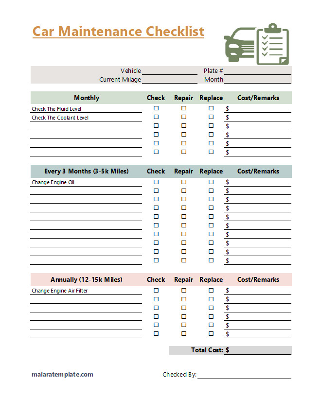 Detailed car maintenance checklist template for tracking regular vehicle upkeep.