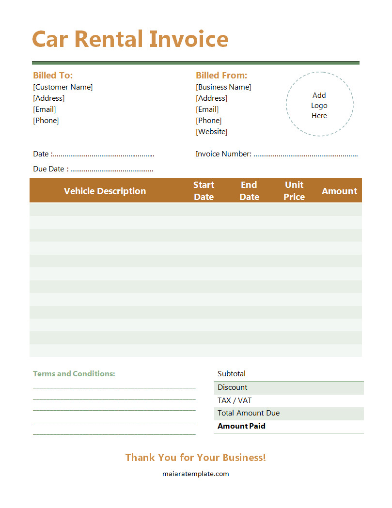 Professional car rental invoice template featuring sections for renter details, vehicle information, rental dates, and total charges.