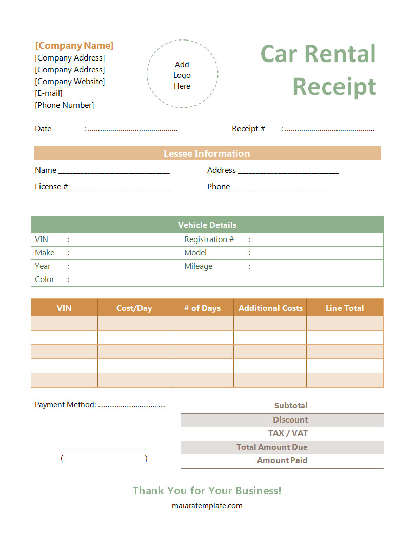 Car Rental Receipt Template with Sections for Rental Dates, Vehicle Details, and Total Charges