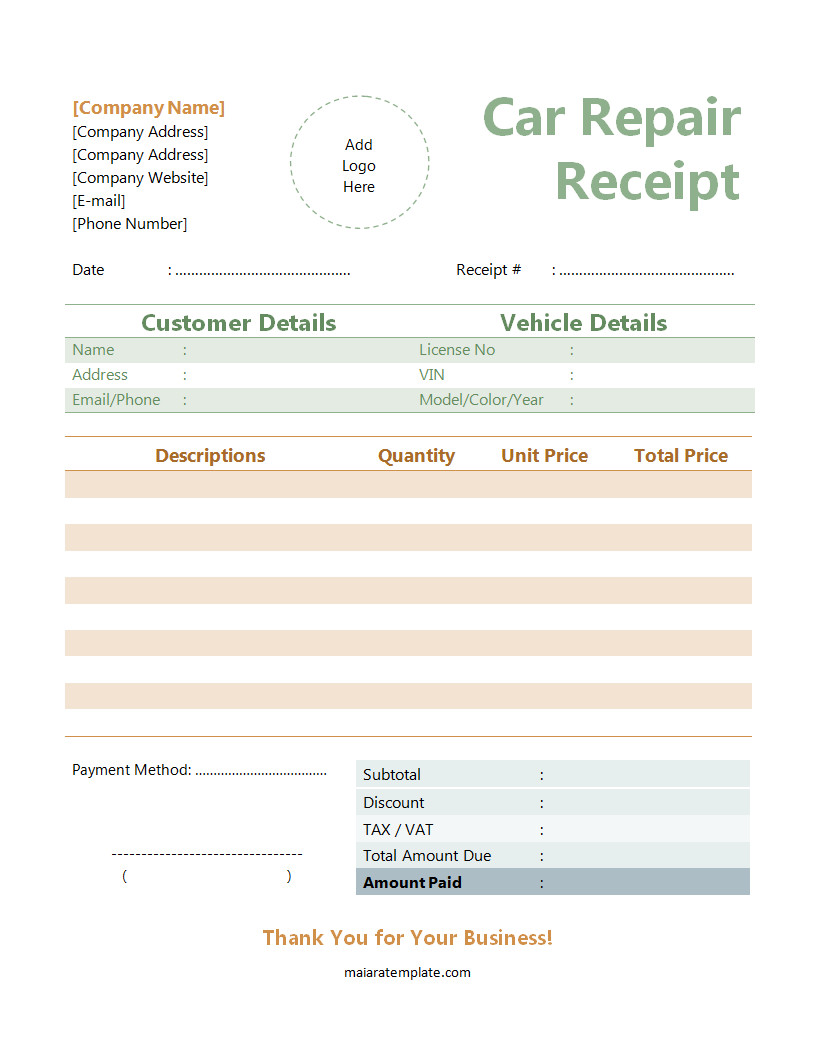 Sample Car Repair Receipt Template Featuring Fields for Customer Information, Vehicle Details, and Payment Method