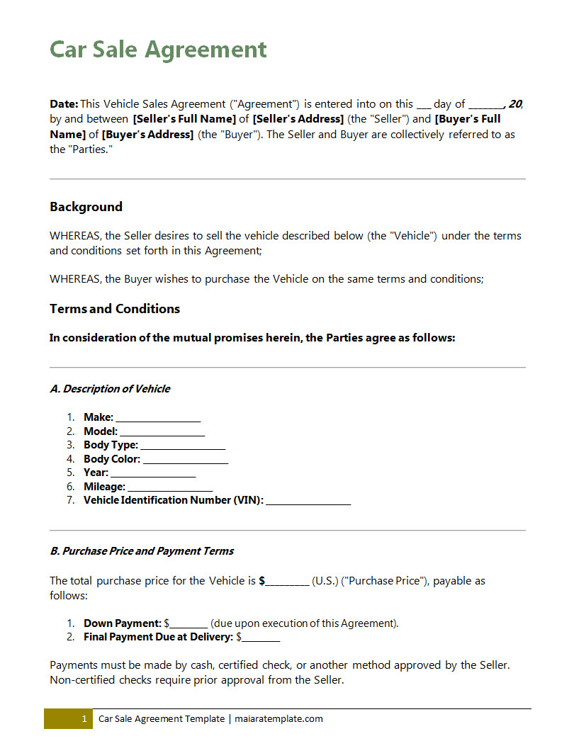 Car sale agreement template featuring sections for buyer and seller information, vehicle details, and payment terms for a clear and formal vehicle transaction.