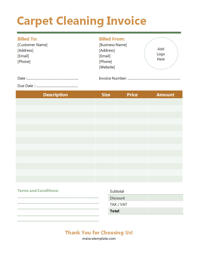 Professional carpet cleaning invoice template featuring a clean layout with sections for client information, service description, and itemized charges for cleaning services