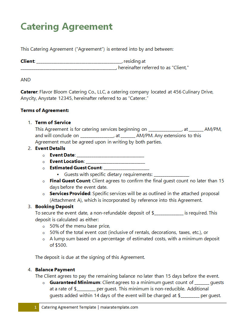 Catering agreement template featuring sections for event details, menu options, payment terms, and cancellation policy to ensure smooth catering arrangements.