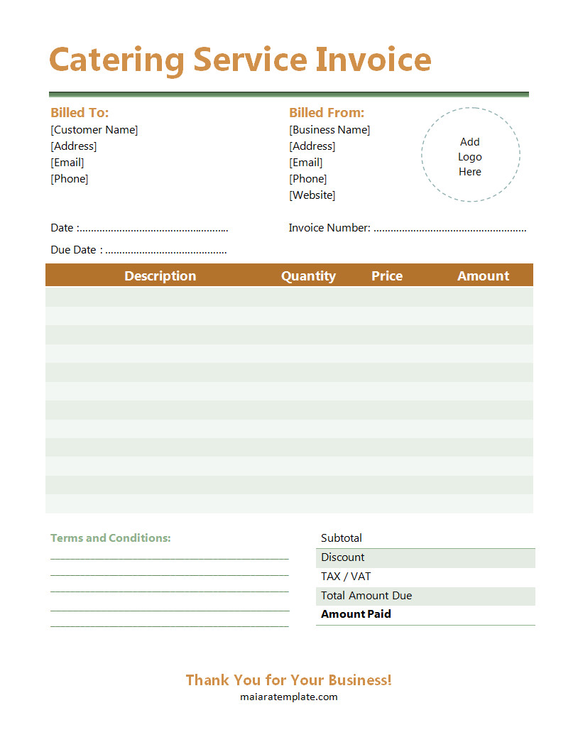 Professional catering service invoice template featuring sections for client details, event date, itemized menu items, and total charges.