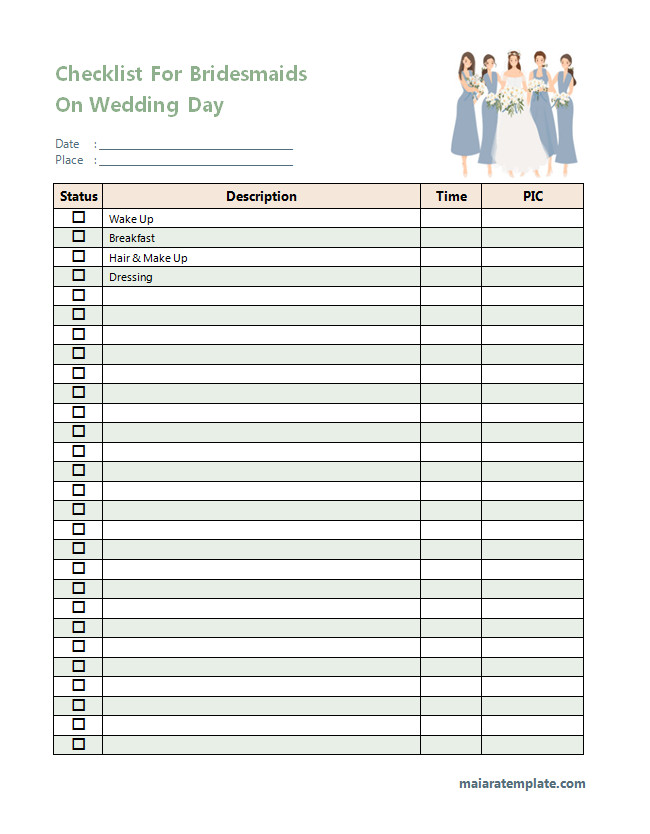 Wedding day checklist for bridesmaids featuring essential tasks and preparation steps.