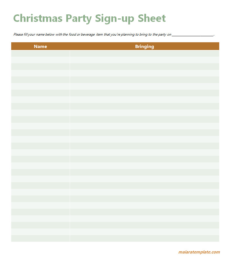 Festive Christmas party sign-up sheet template with columns for guest names, contact info, and potluck dish contributions.