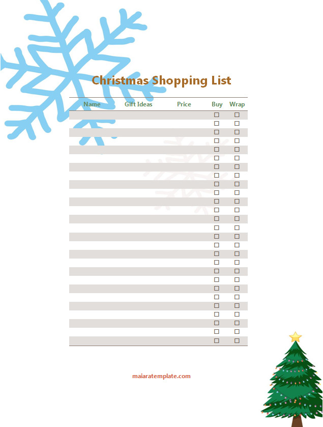 Christmas shopping list template with sections for gift ideas, recipients, and price.