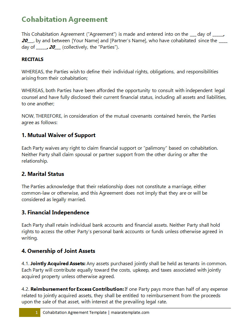 Detailed cohabitation agreement template outlining provisions for property division, shared expenses, and support in case of relationship dissolution.