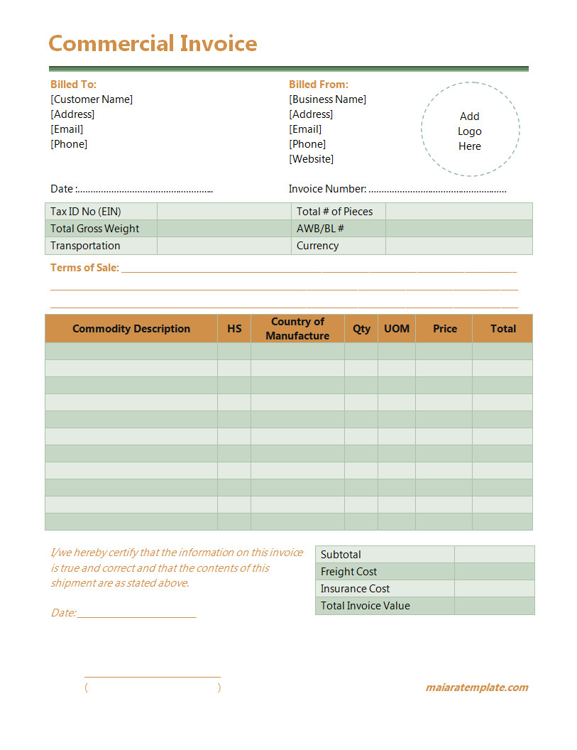 Editable commercial invoice template with fields for shipment information, product quantities, itemized costs, and payment terms.