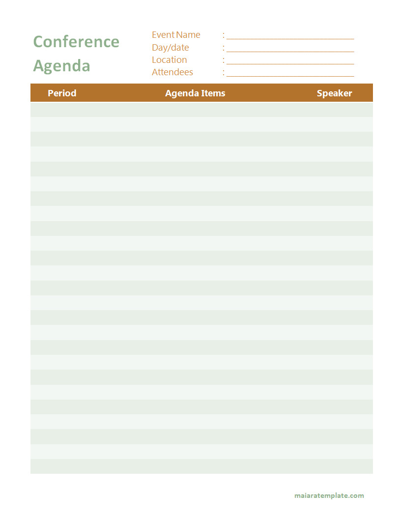 Conference Agenda Template Layout Showing Organized Format for Planning Conference Itinerary, Topics, and Presenter Details