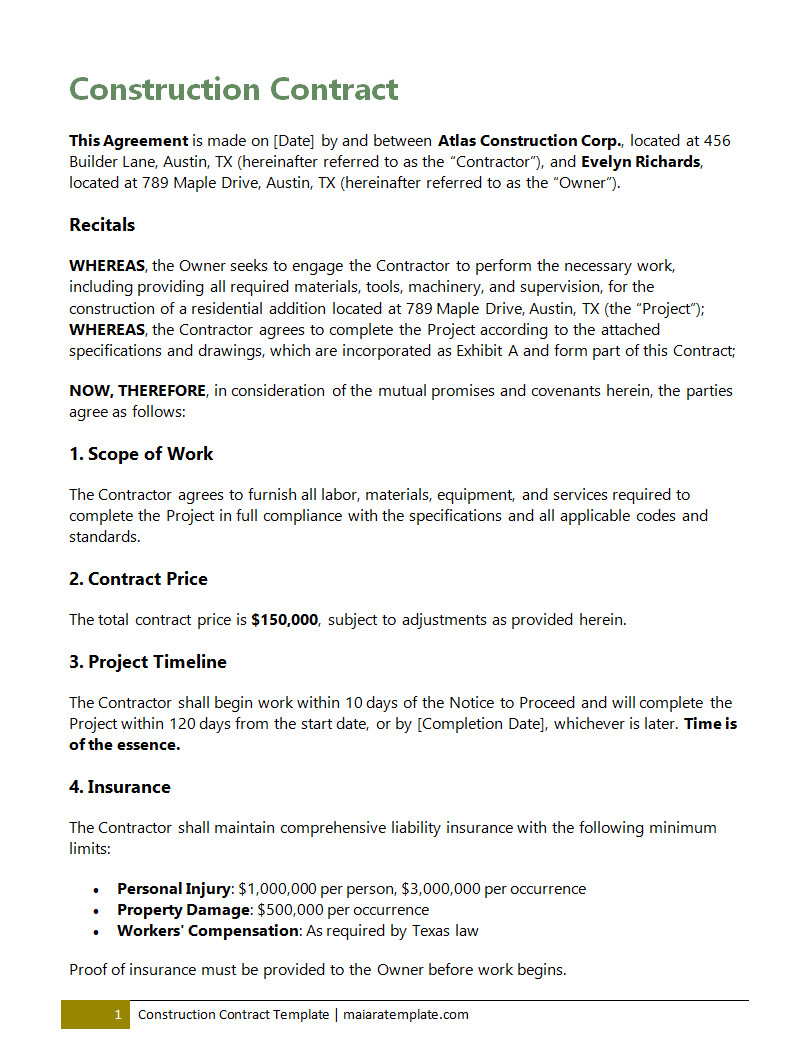 Construction contract template featuring sections for project details, contractor and client information, payment terms, and scope of work for clear agreement terms.