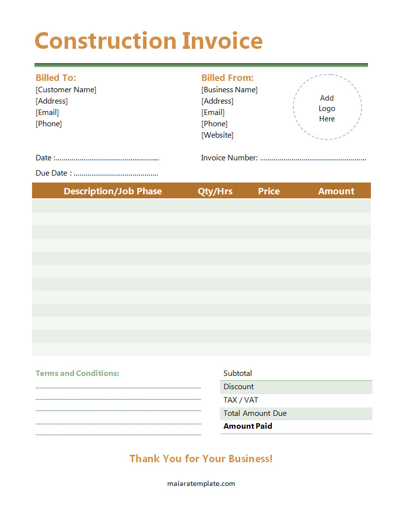 Clean and simple construction invoice template featuring fields for client information, materials, labor costs, and total amount due