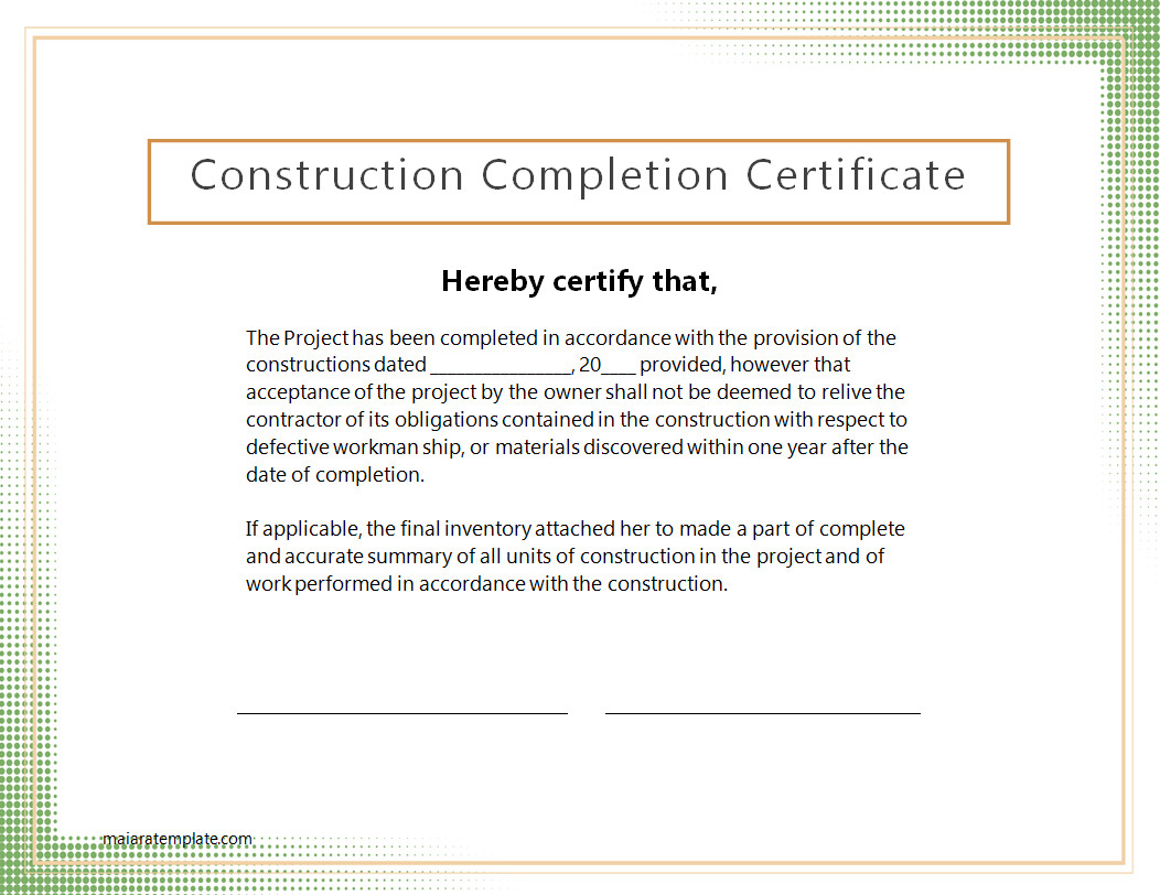 Construction Project Completion Certificate Template