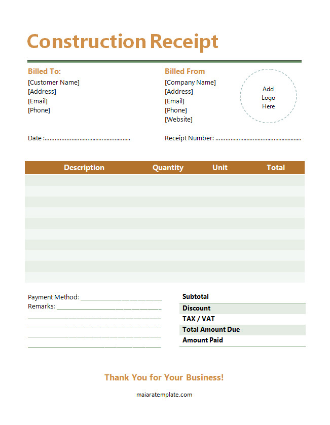 Sample Construction Receipt Template Featuring Fields for Contractor Information, Services Provided, and Payment Method