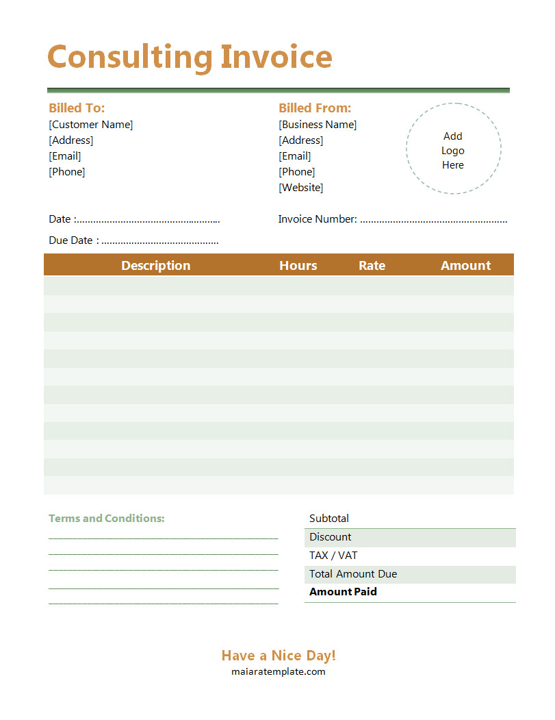 Professional consulting invoice template featuring sections for client details, consultation services, hours worked, and total fees.