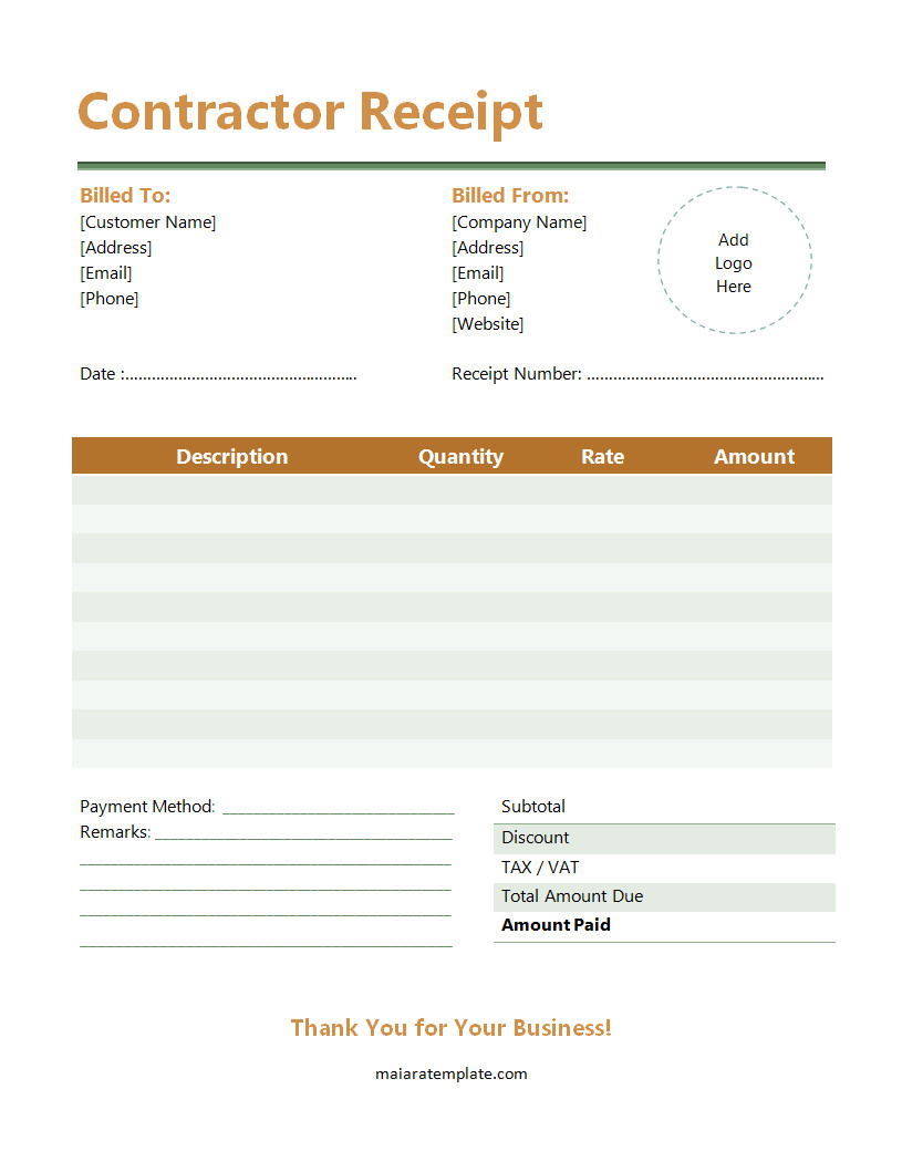 Sample Contractor Receipt Template Featuring Fields for Client Information, Project Details, and Payment Method