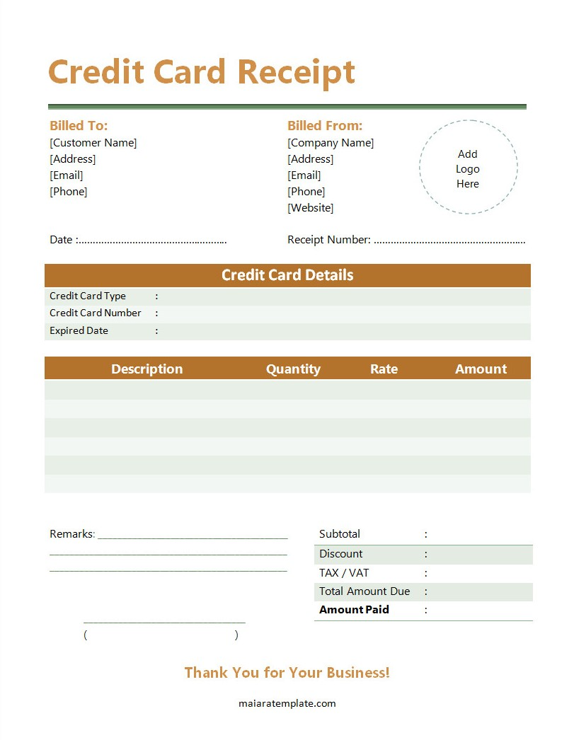 Credit Card Receipt Template with Sections for Transaction Amount, Card Details, and Date of Purchase