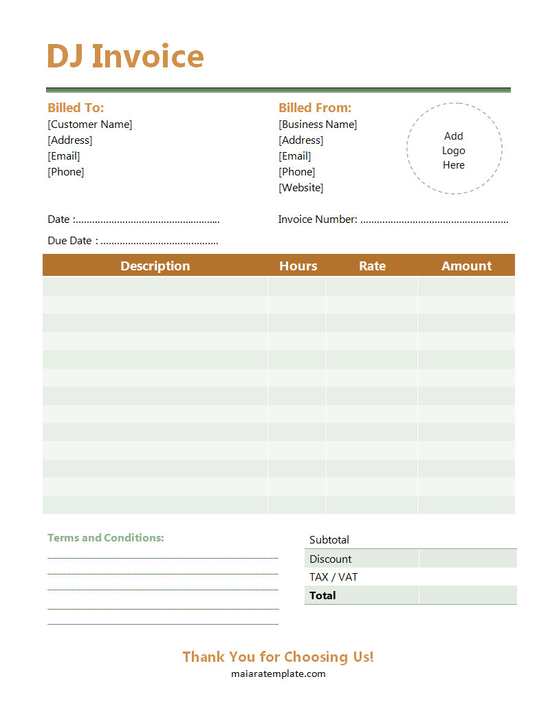 Organized DJ invoice template with clearly defined areas for performance duration, travel expenses, and total cost for DJ services.