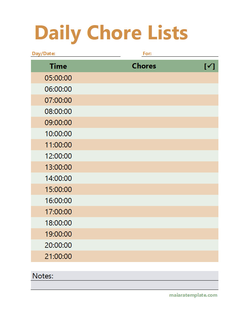 Sample Daily Chore Chart Template Featuring Columns for Task Names, Assigned Persons, and Completion Status