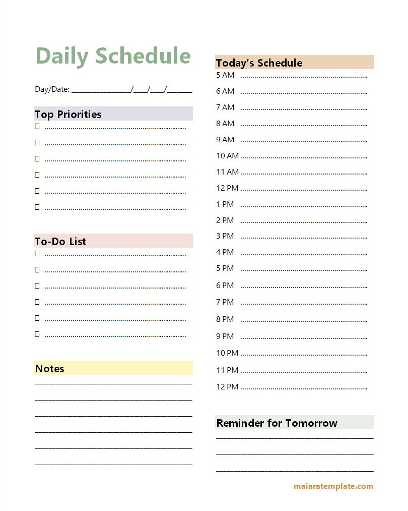 Daily Schedule Template with Sections for Hourly Time Slots, Task List, and Priorities