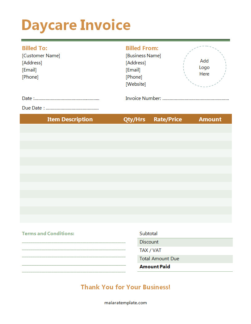 Modern daycare invoice template designed for childcare providers, including space for service dates, child’s details, and payment terms.