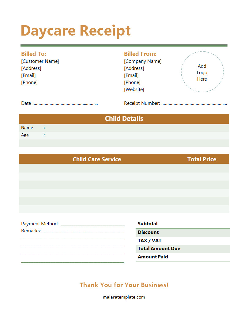 Daycare Receipt Template Layout Showing Breakdown of Childcare Services, Hours, and Final Amount Due