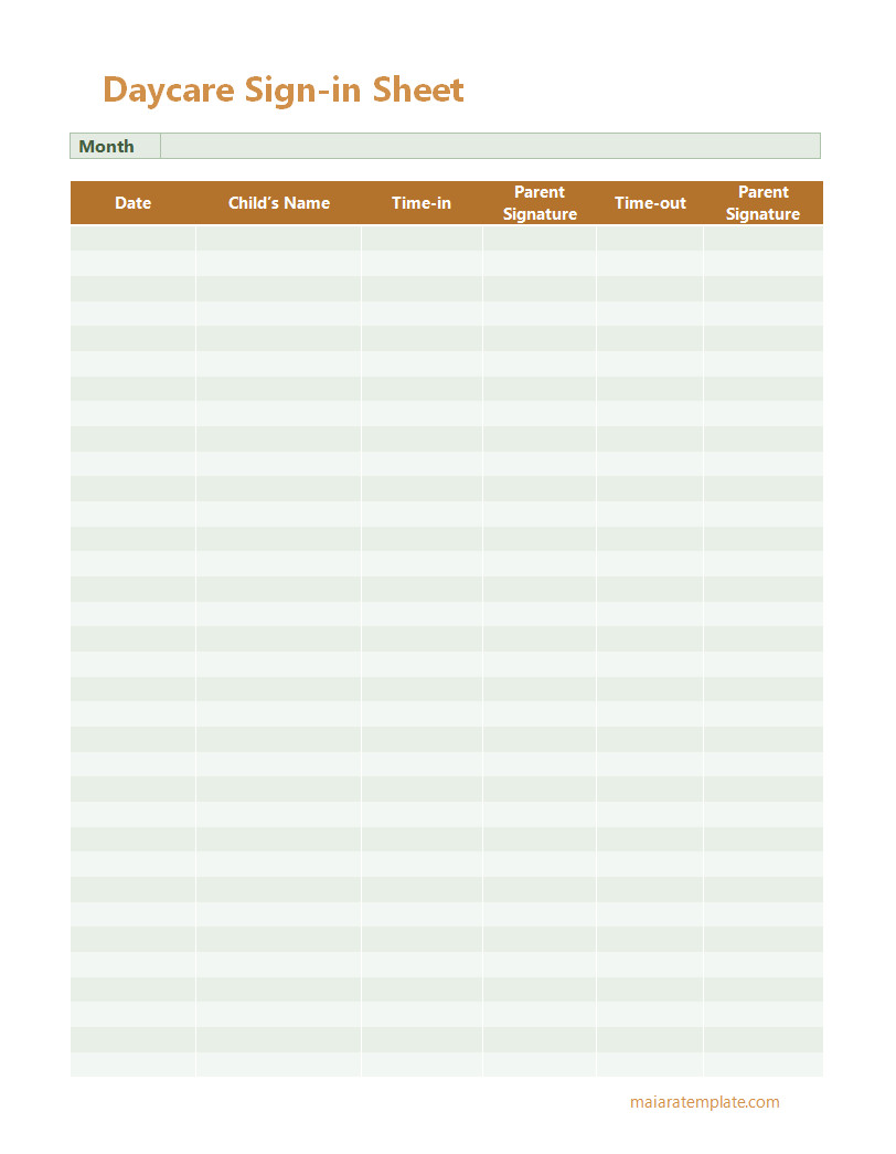 Daycare sign-in sheet template with columns for child’s name, drop-off time, and parent signature.