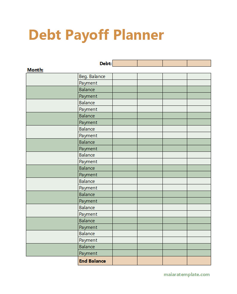 Sample Debt Payoff Planner Template Featuring Fields for Debt Details, Monthly Payments, and Progress Tracking