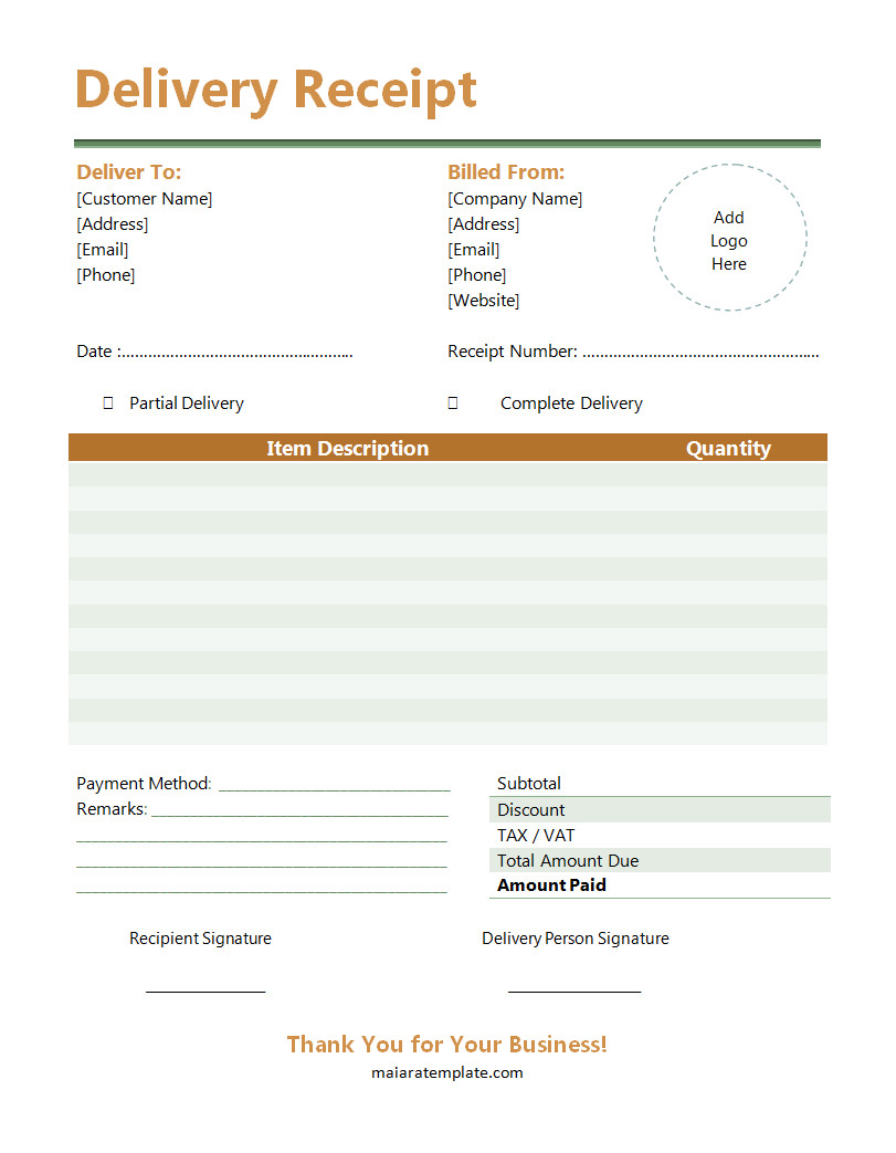 Sample Delivery Receipt Template Featuring Fields for Package Description, Quantity, and Confirmation Signatures