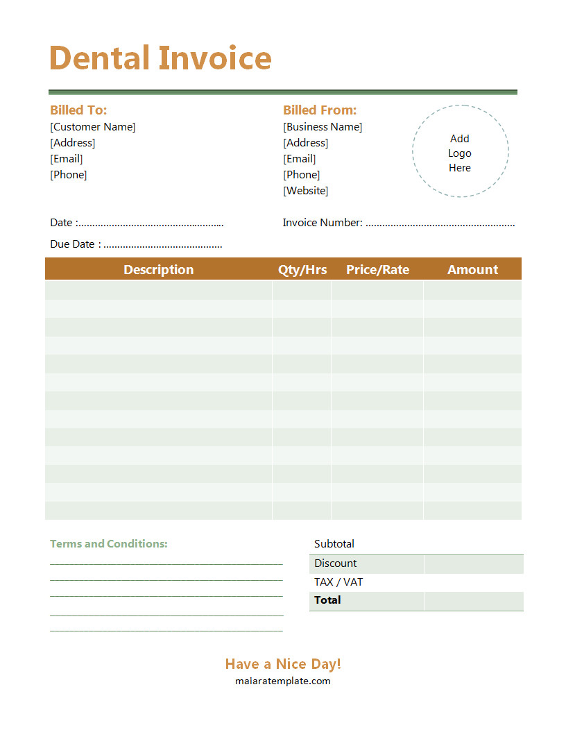 Editable dental invoice template with fields for dental services provided, insurance details, and a breakdown of fees for each treatment.