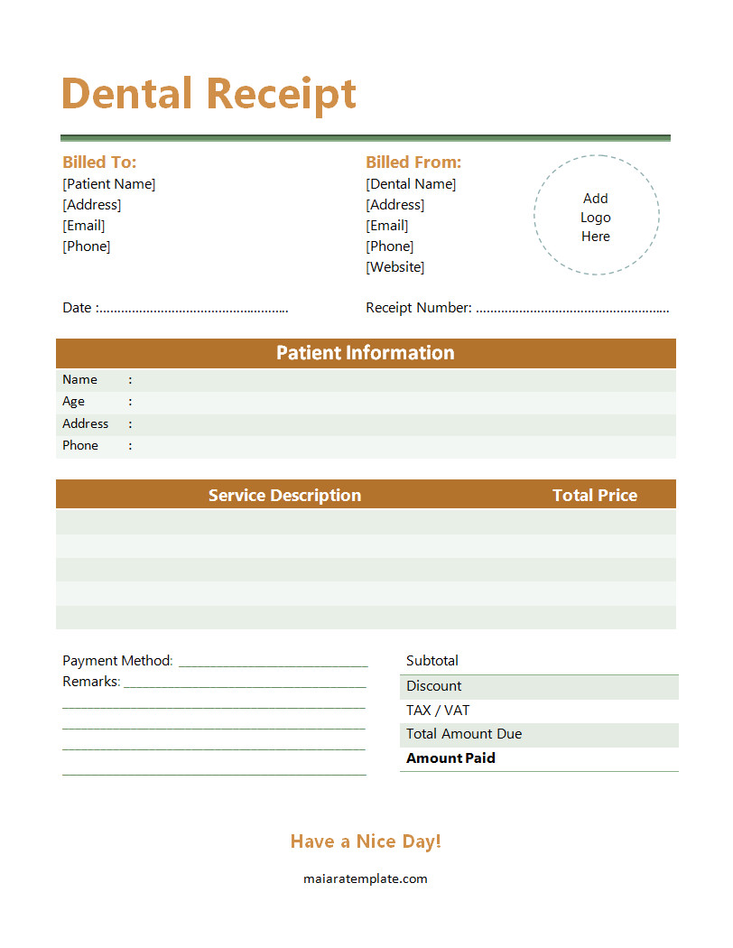 Dental Receipt Template with Sections for Patient Information, Treatment Details, and Total Charges