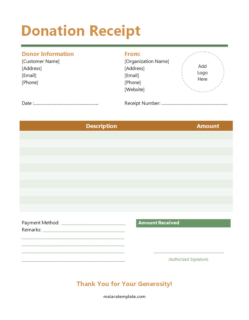 Donation Receipt Template with Sections for Donor Information, Donation Amount, and Date