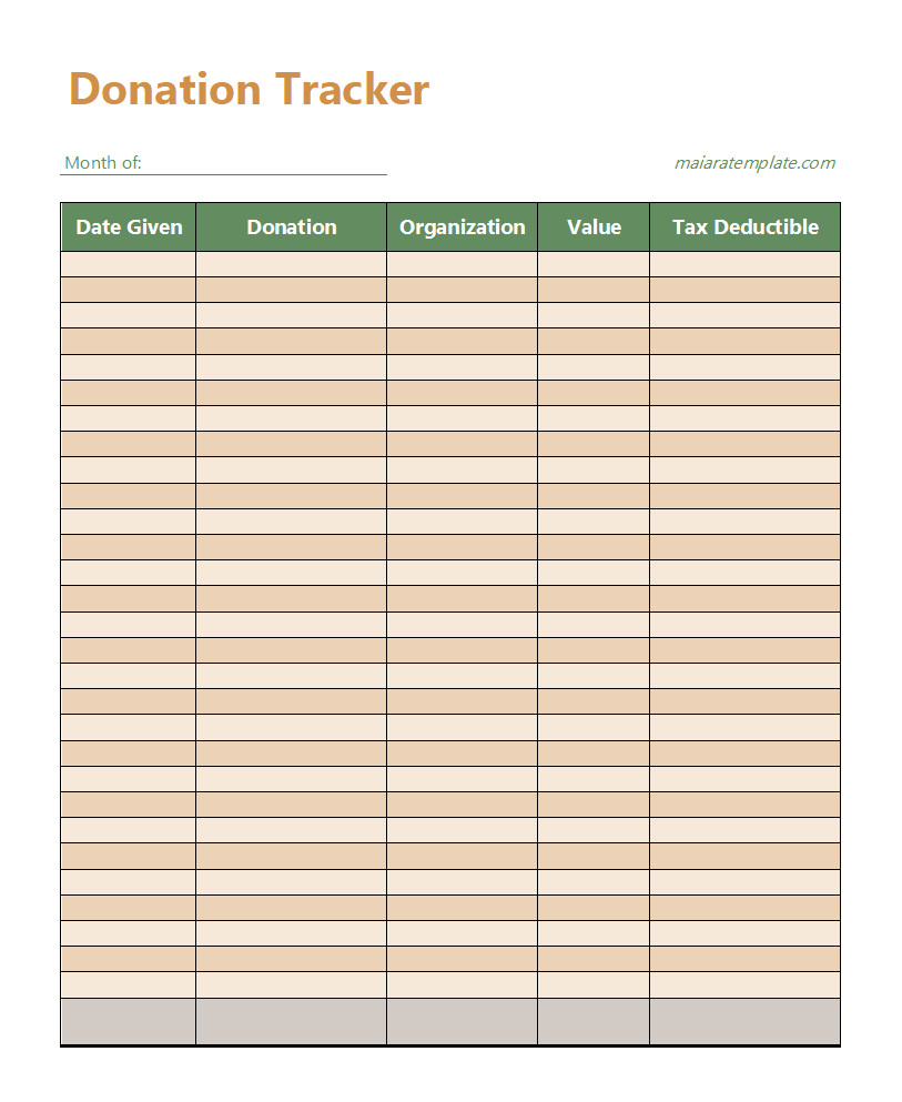 Organized donation tracker template with sections for donor names, contribution amounts, and dates.