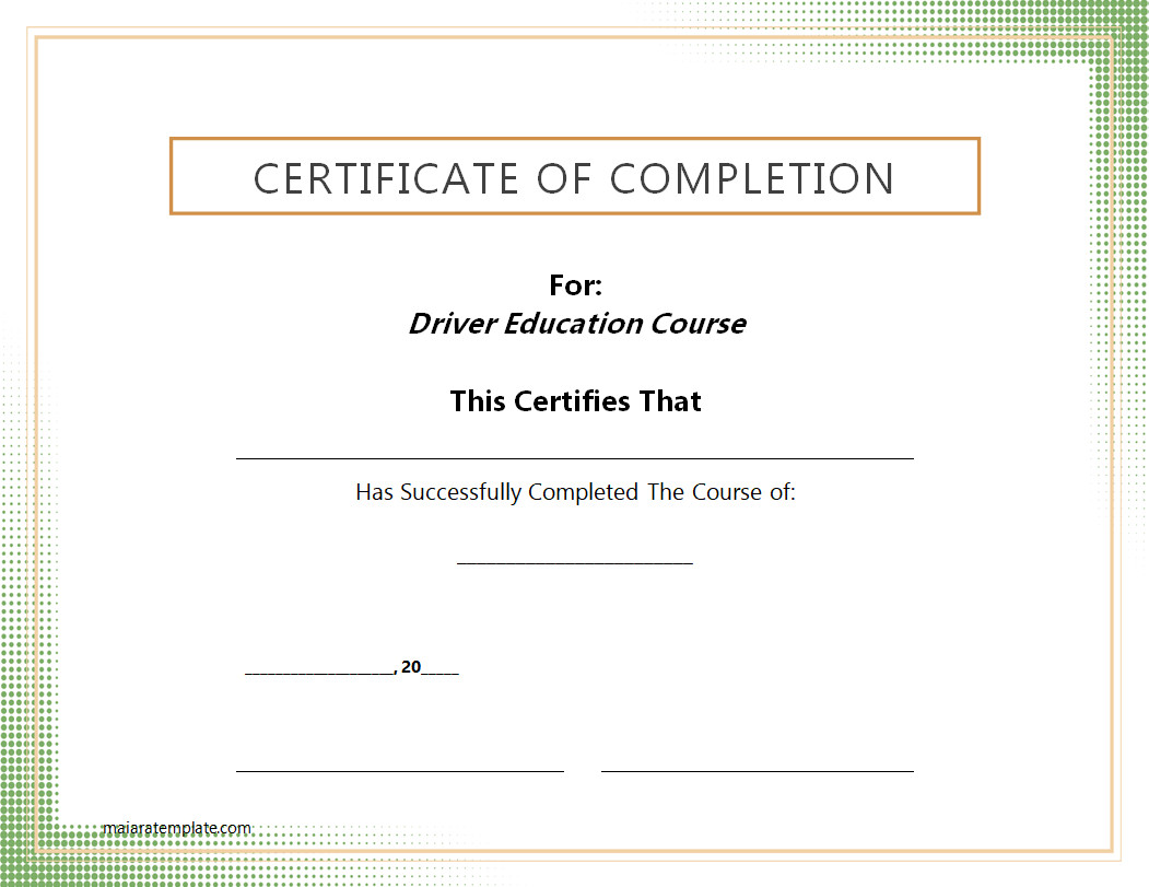 Driver Education Completion Certificate Template