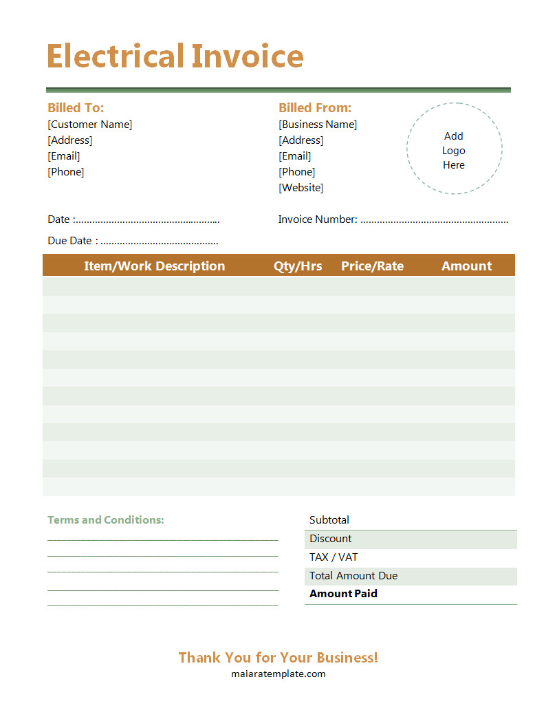 Professional electrical invoice template featuring sections for client details, electrical services provided, itemized parts, and total charges.