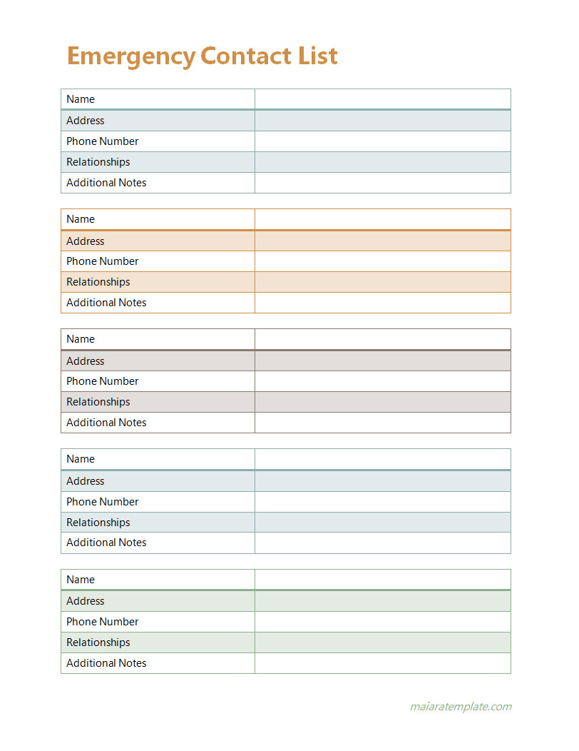 Simple emergency contact list template featuring a clean layout with sections for primary contacts, their relationship to the individual, and phone numbers.