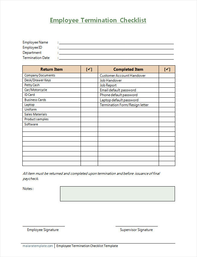 Employee termination checklist template with sections for final paperwork, return of company property, and exit interview details.