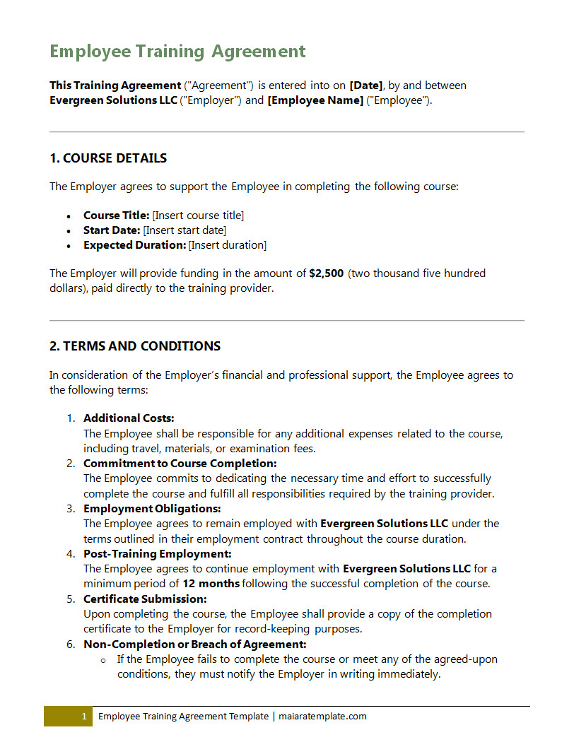 Printable Employee Training Agreement Template